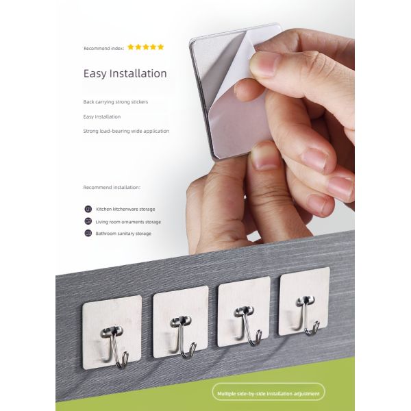 Smooth Edge Strong Bearing Capacity Stainless Steel Adhesive Hooks for Bathroom, Kitchen and Living Room