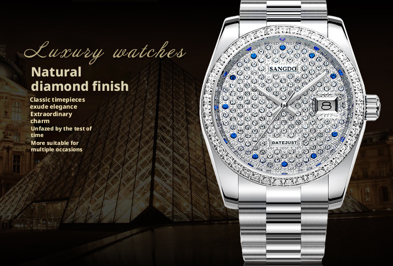Full Diamond Dial Men Quartz Watch Stainless Steel Band Bling Crystal Bezel Luxury Business Wrist Watch Gift For Men Wedding Anniversary