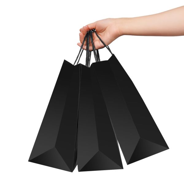 Exhibición Bolsas de papel Kraft negras personalizadas con su propio logotipo y mango de longitud de mano