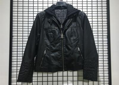 Autumn Black Mens PU Jacket Faux Leather Biker With Detachable Knit Hood