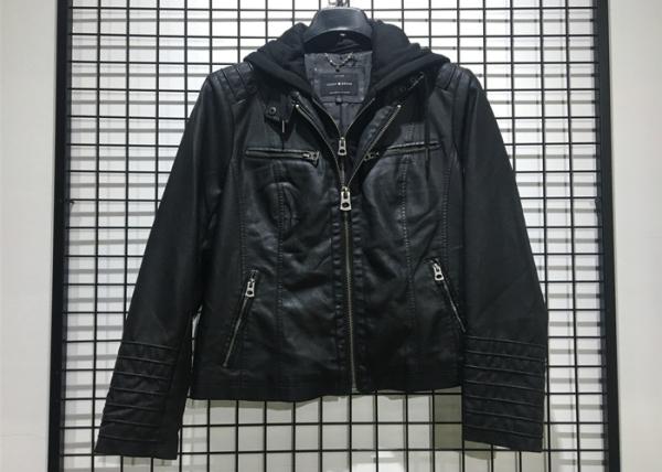 Autumn Black Mens PU Jacket Faux Leather Biker With Detachable Knit Hood