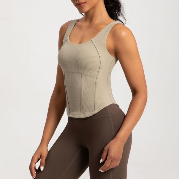 Women's Ribbed Knit Corset Style Workout Tank Top Beige Slim Fit Moisture Wicking