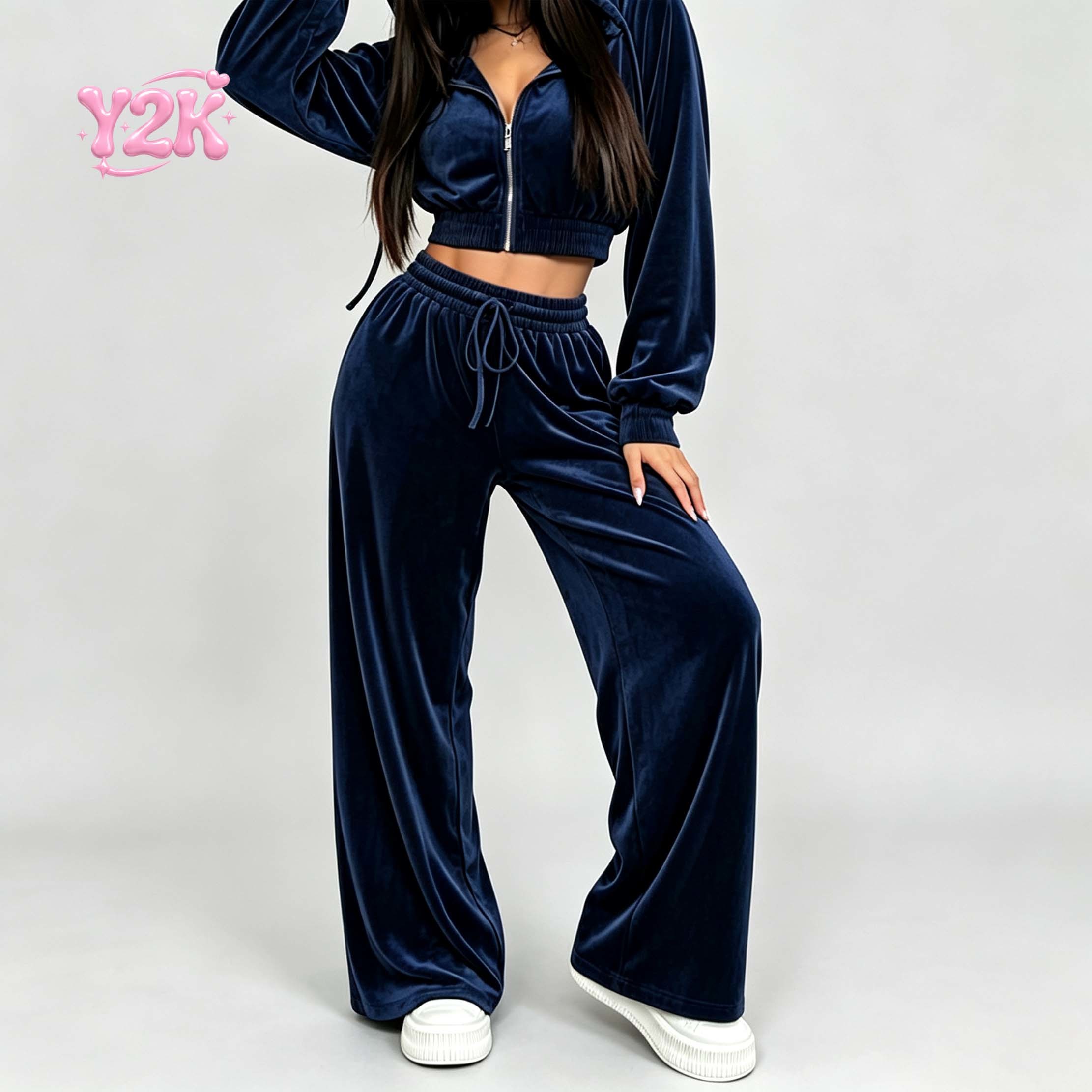 Custom Women's Velour Zip Hoodie Wide Leg Pants Tracksuit
