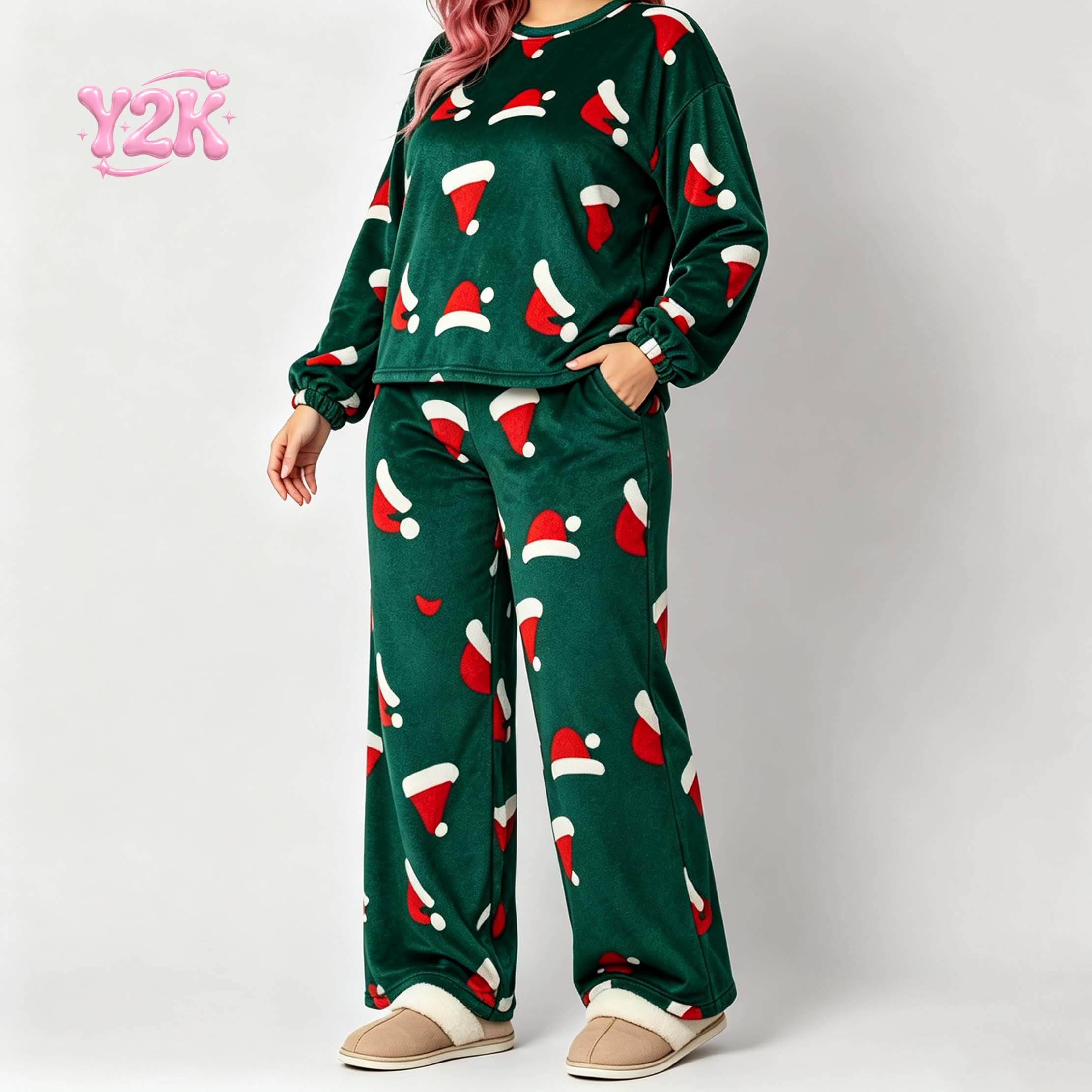 Custom Women's Christmas Hat Print Plush Lounge Pajama Set