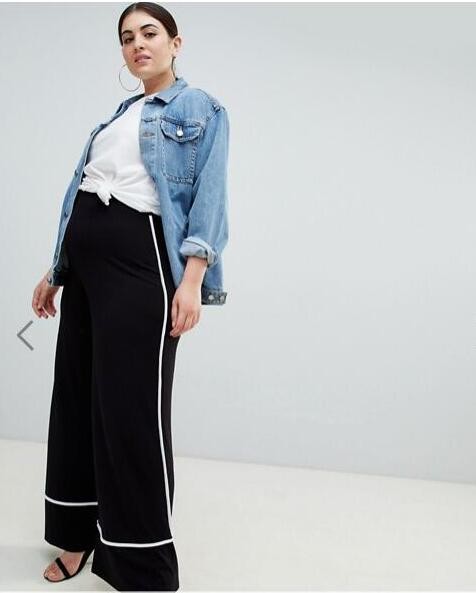 OEM black plus size wide leg pants,women's fashion pants with white piping
