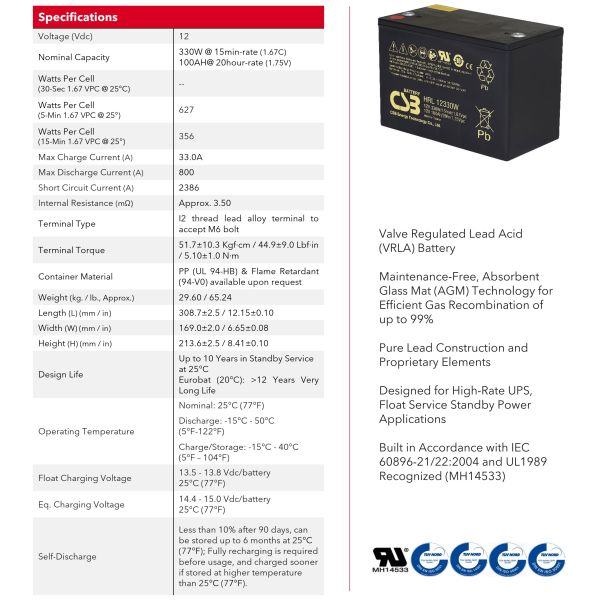 CSB HRL12330W 12V 330W VRLA-AGM Valve Regulated Lead Acid Battery