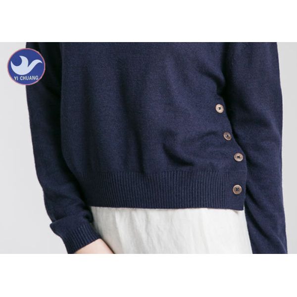 Side Buttons Derection Womens Knit Pullover Sweater Crew Neck Jumper