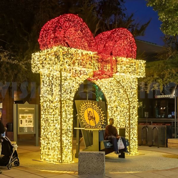 LED Gift Bow Light Arch, Large Outdoor Christmas Light Tunnel, Waterproof Commercial Festival Light Decoration for Shopping Mall Park