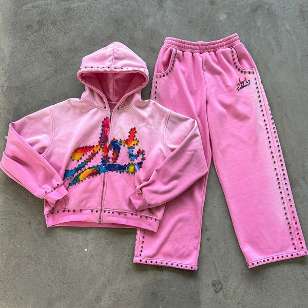 Custom Pink Diamond Hoodie Set Rhinestone Acid Wash Vintage Embroidered Hoodies Sweat Pant Sweat Suits Hoodie And Sweatpants Set