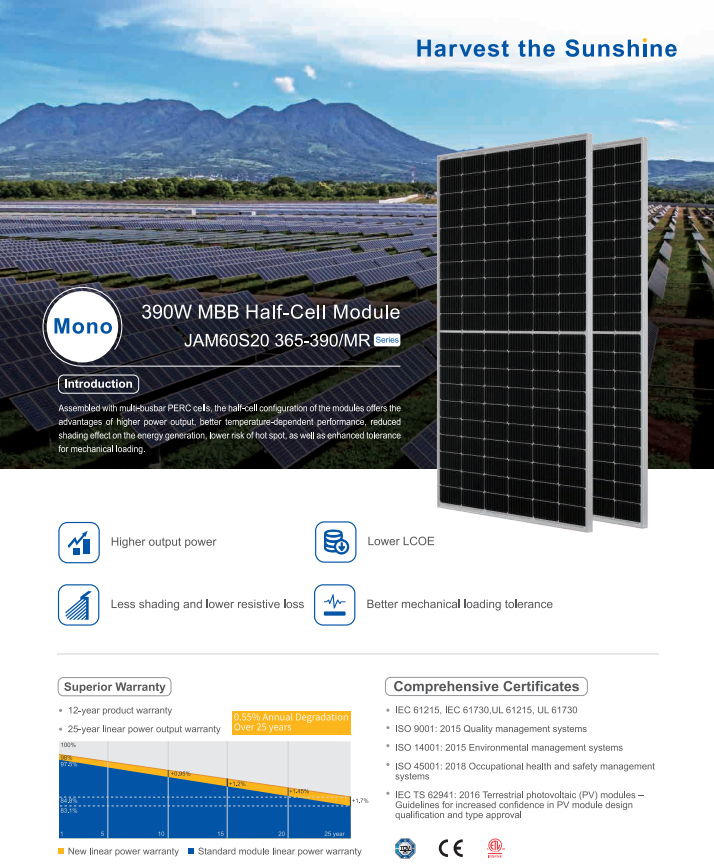 JA Solar Panel 330W 335W 340W 345W 350W Half Cell Perc Solar PV Module Price