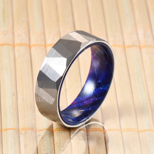 Blue Purple Box Elder Wood Inner Brushed Faceted Styles 8mm Classic Silver or Black Tungsten Ring for Men Wedding Bands
