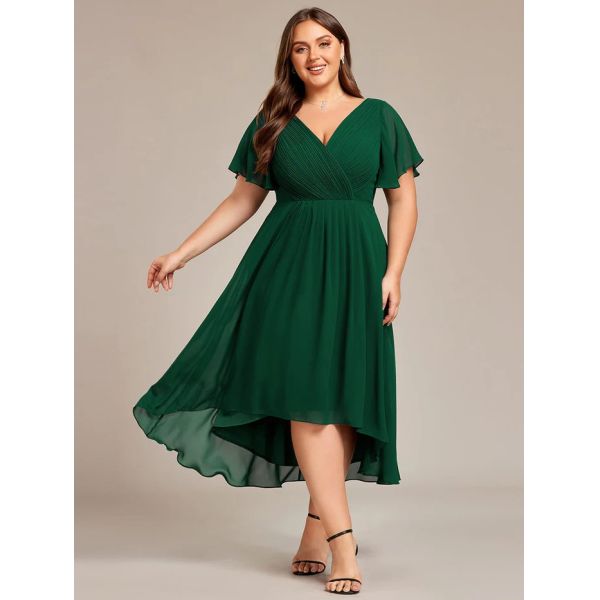 Chic V-neck High-low Short Flutter Sleeves A-line Ruffles Midi Invisible Zipper Dusty Blue Chiffon Guest Cocktail Dress