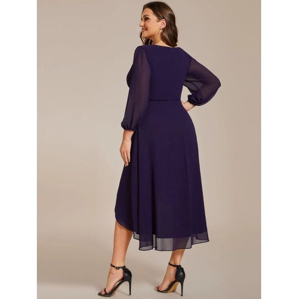 Elegant Empire Long Sleeve V-neck High Low A-line Ruffled Midi Dark Purple Chiffon Wedding Guest Cocktail Dress