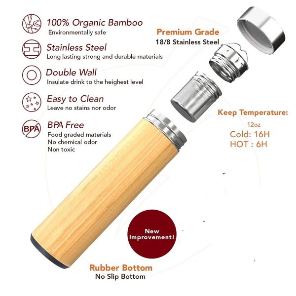 Кружка 450мл перемещения стены двойника нержавеющей стали кофе Тумблер бамбуковая с бамбуковой крышкой