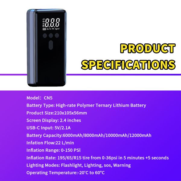 Portable Car Jump Starter with Air Compressor Multi-Function Emergency Power LED Light for Dead Battery
