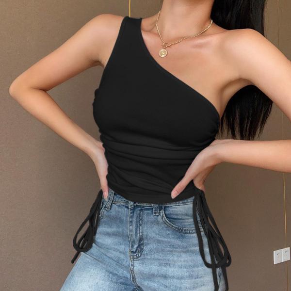 Side Adjust String Rib Knit Women Crop Top , One Side Off Shoulder Crop Top