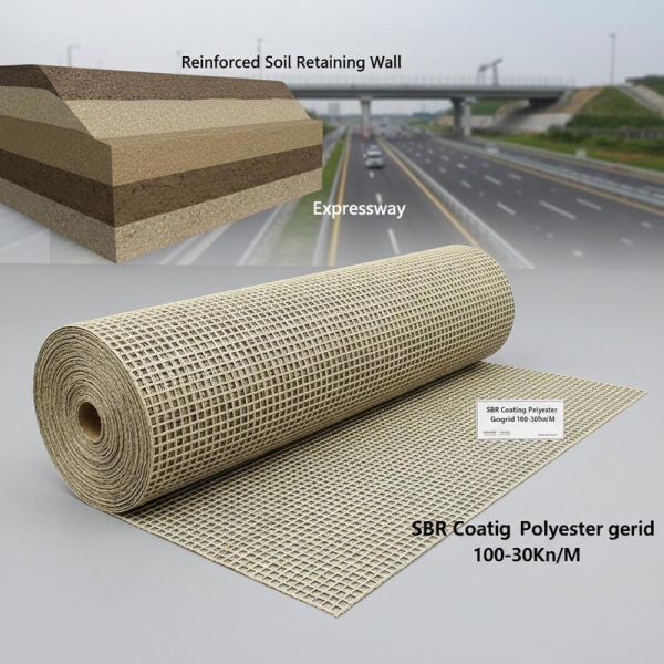 SBR Coating Polyester Geogrid 100-30Kn/M PET Uniaxial Reinforced Soil Retaining Wall Expressway