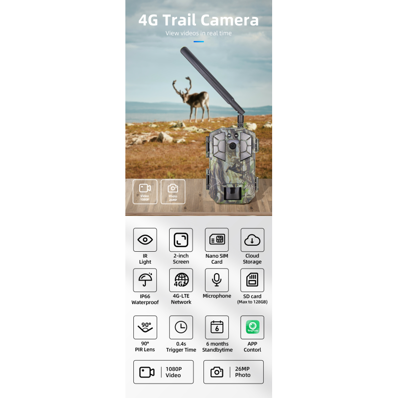 New 4G LTE IP66 Waterproof Cloud Storage Wireless Cellular Sim Card Outdoor Wildlife Hunting Trail Camera with Microphone