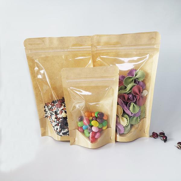 Matt Lamination Zipper Heat Seal Kraft Stand Up Pouches With Window Digital Printing For Food Packaging Bags