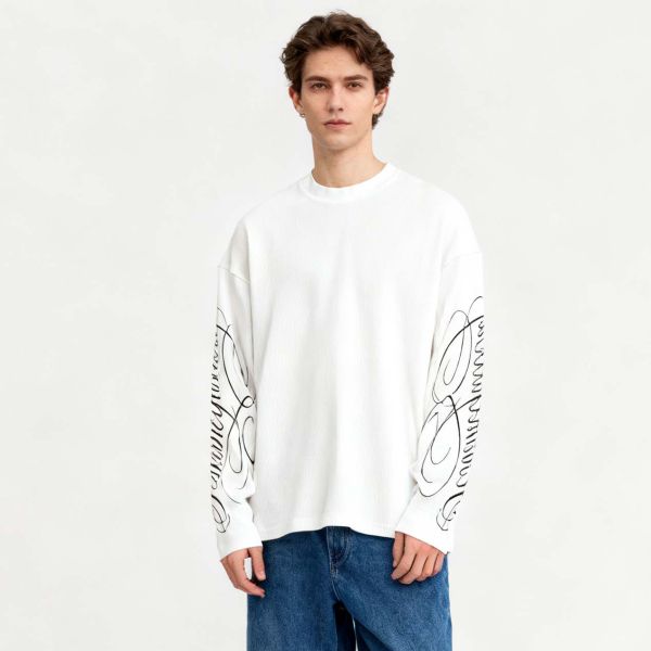 Custom Classic Waffle Weave Crewneck Graphic Tee Top Screen Printed Heavy Cotton Boxy Leopard T Shirt Long Sleeve for Men