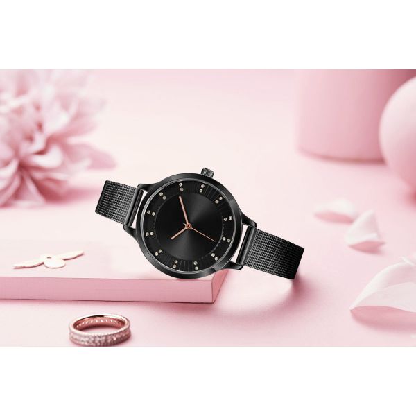 3ATM Ladies Alloy Quartz Watch Mesh Bracelet Brass Watch Face Sun Ray Effect