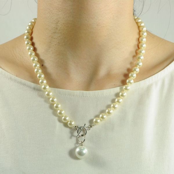 Knotted Pearl Beads Necklace Pearl Pendant OT Buckle Women Jewelry
