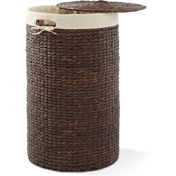 Round Laundry Hamper With Lid And Removable Liner Bag - Natural, Woven Water Hyacinth Wicker Laundry Basket For Clothes And Towels