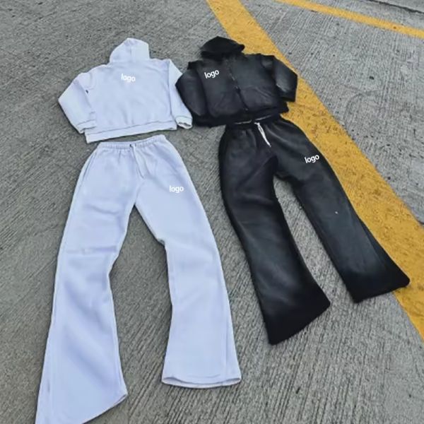 Customized Logo Mens Acid Wash Tracksuit Zip Up Retro Jogging Suits Loose Fit