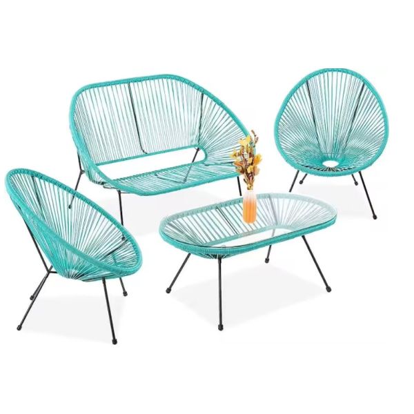 PE Rattan Woven Coffee Table Chair Hot Sale Best Design Colorful Outdoor Furniture Set Tempered Glass Tabletop