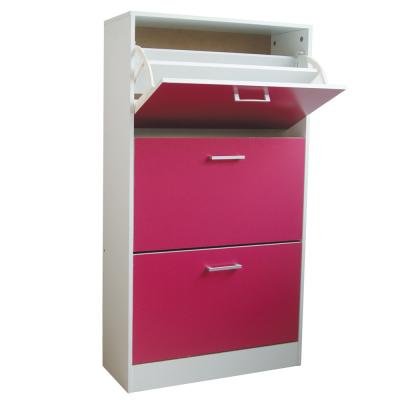 Rose Red Wooden Home Shoe Cabinet 3 Tier Flip Drawers With PVC Handle