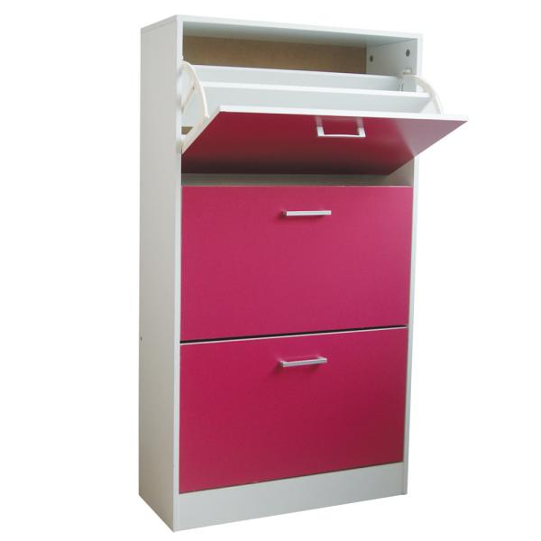 Rose Red Wooden Home Shoe Cabinet 3 Tier Flip Drawers With PVC Handle