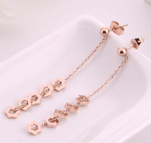 Tassel Earrings for Women  Rose Gold Color Plating Stainless Steel Earrings Hexagonal Star Drop Earrings Fashion Jewelry