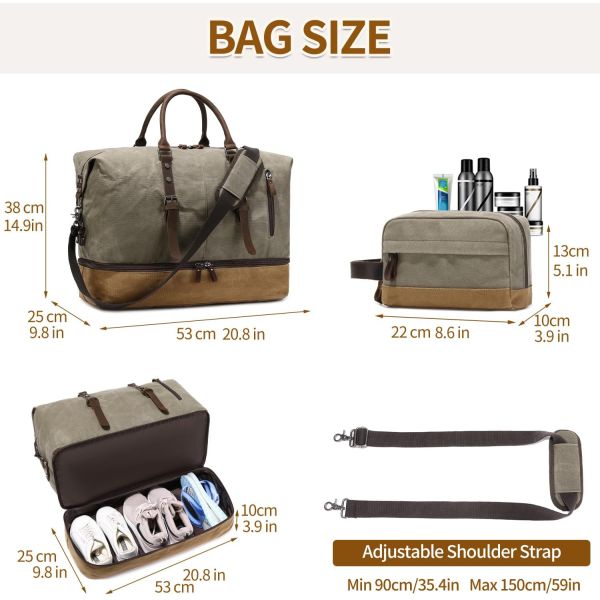 Green Weekender Large Overnight Canvas Carry on Sport Gym Yoga Travel Bag with Shoe Compartment