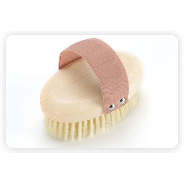 Pink Strap Natural Bristle Back Scrubber Wooden Body Brush Oval Shaped 154g