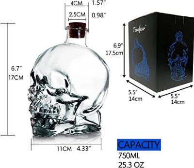 Cor personalizada 750 ml garrafa de vidro de crânio sem chumbo com rolha de cortiça