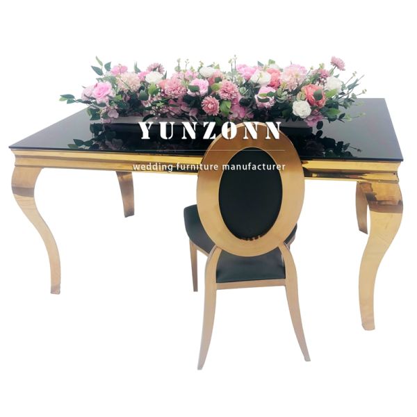 Mirror Tempered Glass Event Wedding Table Rectangular Shape Black Stainless Steel Hotel Restaurant Table