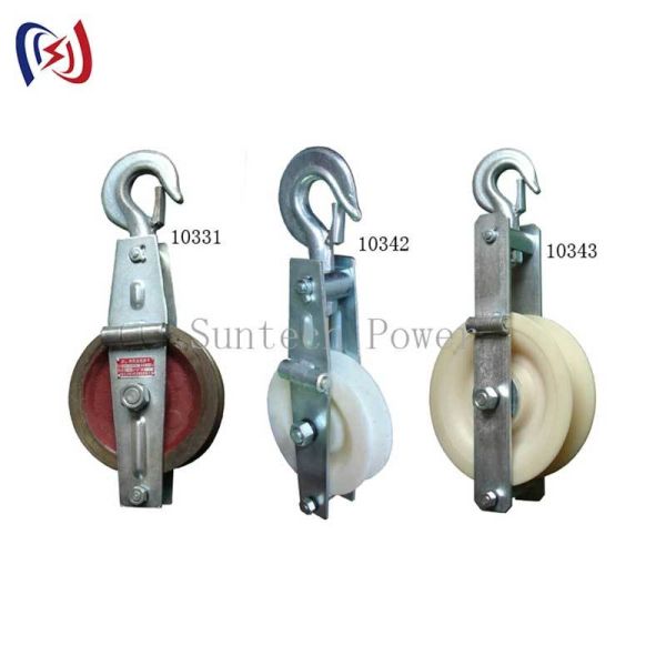 Grounding Wire Stringing Block with Nylon Sheave Hook Type Mounting and Steel Support Frame for Transmission Line