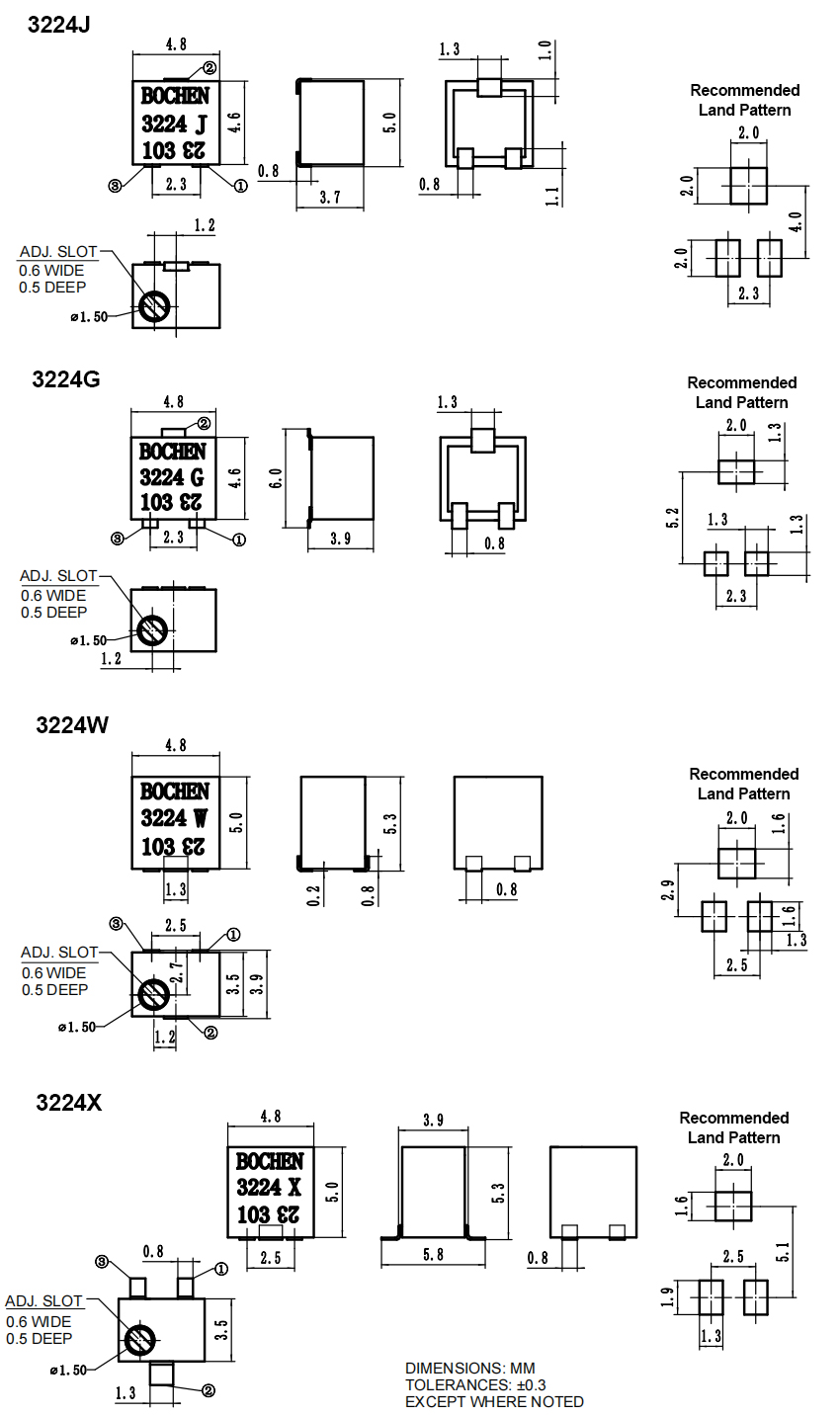3224 Серия Поверхностный монтаж 4 мм SMD Potentiometer Cermet Trimmer