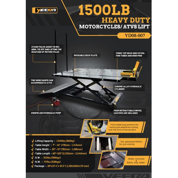 Workshop 1500LB Heavy Duty Motorcycle / ATV Lift Stable Lifting