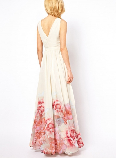 Elegant V Neck Sleeveless Floral Printed Maxi Bohemian Woman Dress