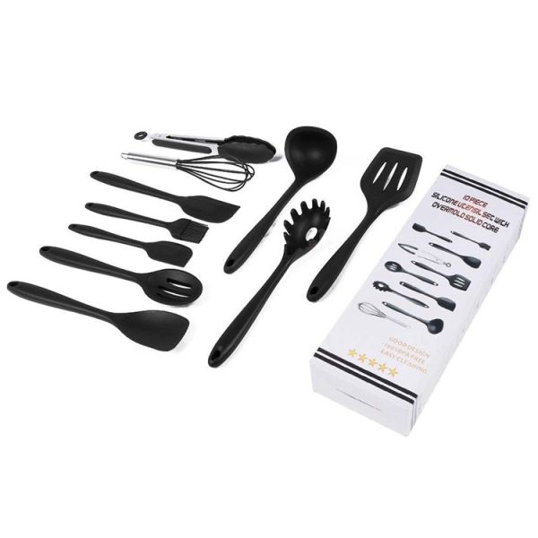 Rotating Stand Silicone Kitchen Utensils Set Durable Black Kitchen Gadgets