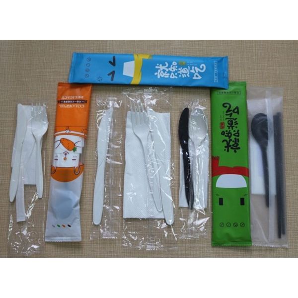 Plastic Sleeve Cutlery Set Customized Logo Buffets PS Disposable Spoon Fork and Knife