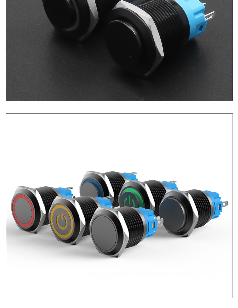 19mm Metal Push Button Switch 1NO1NC Oxidized Black Shell Waterproof Momentary Latching Button Switch High/Flat Head Ring-LED