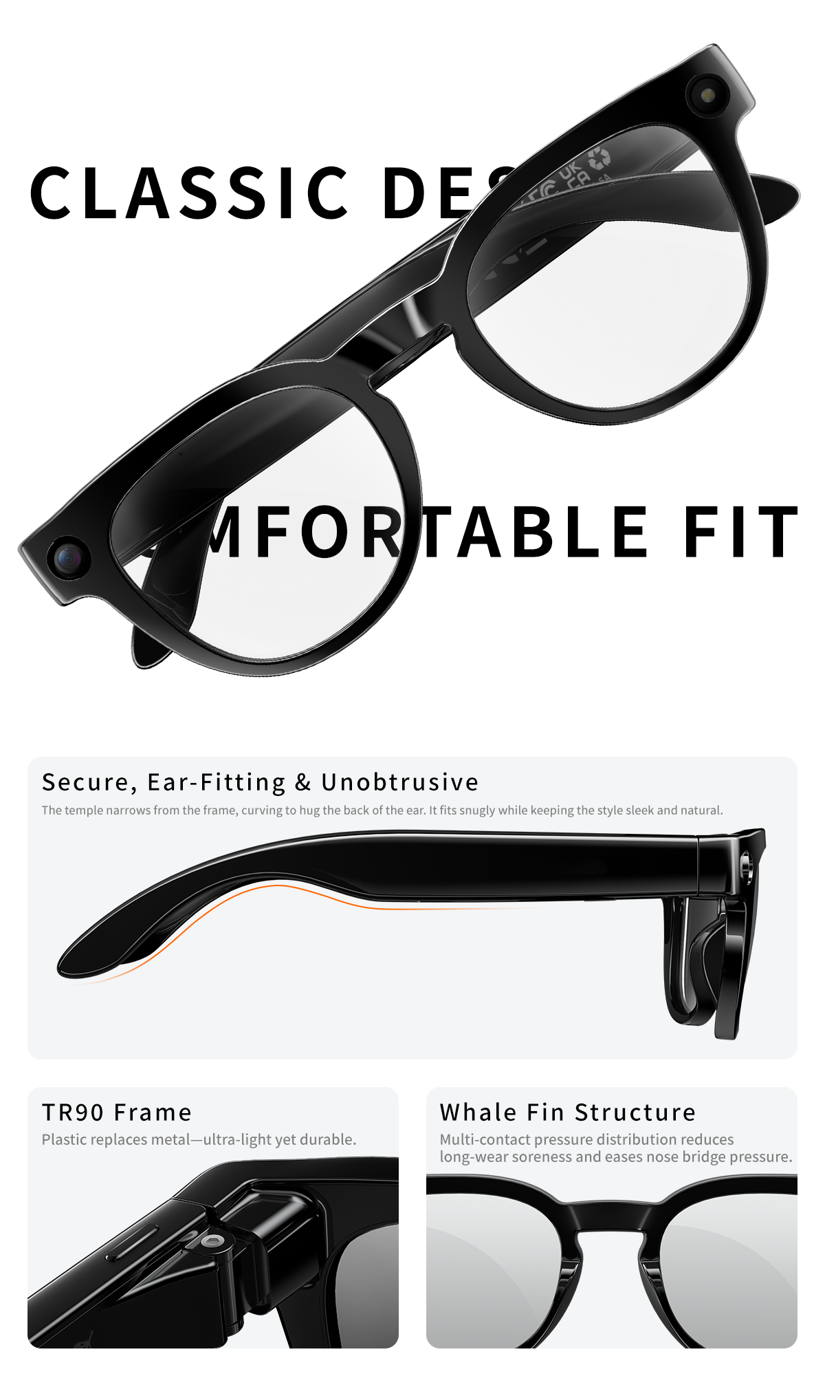 2026 AI Smart Glasses Real-Time Translation 1080P Video Capture PC+ABS Material Ultra Light Magnetic Charging IP67 Waterproof