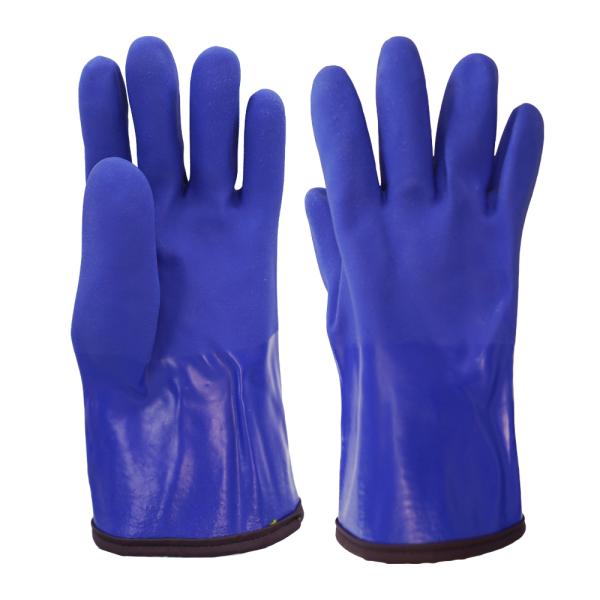 Blue PVC Winter Work Chemical Gloves Warm Fleece Liner Textured Grip 30cm Safety Gloves
