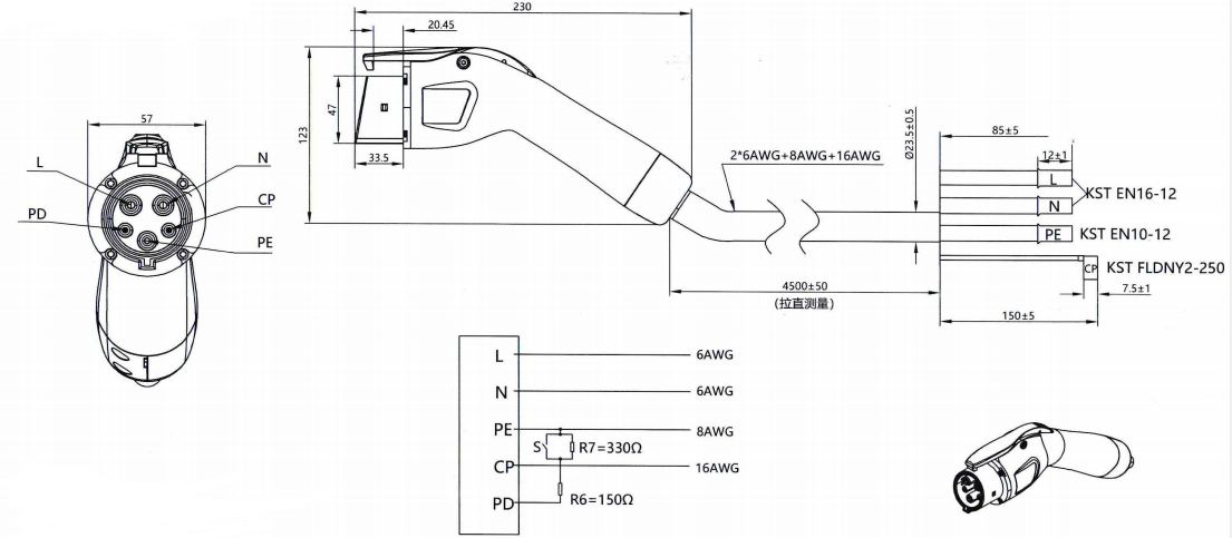 SAE J1772 EV Charging Cable Type 1 80A AC240V 19.2kW IP54 With 25feet UL