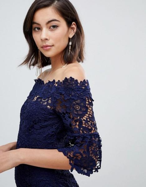 custom make off shoulder  frill sleeve navy crochet dress