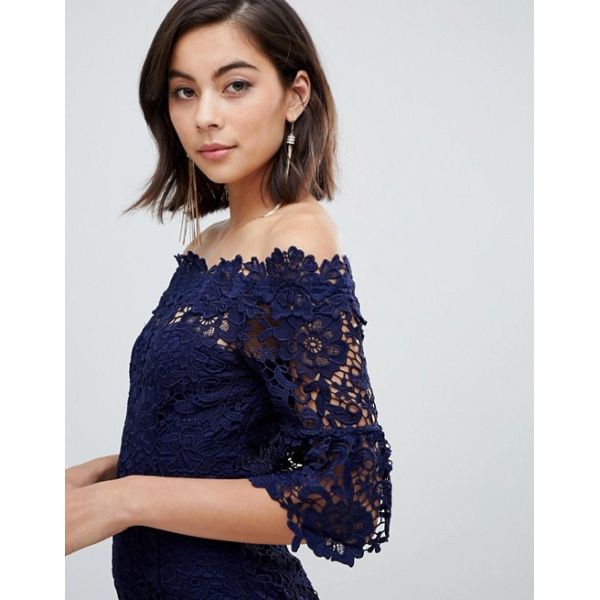 custom make off shoulder  frill sleeve navy crochet dress