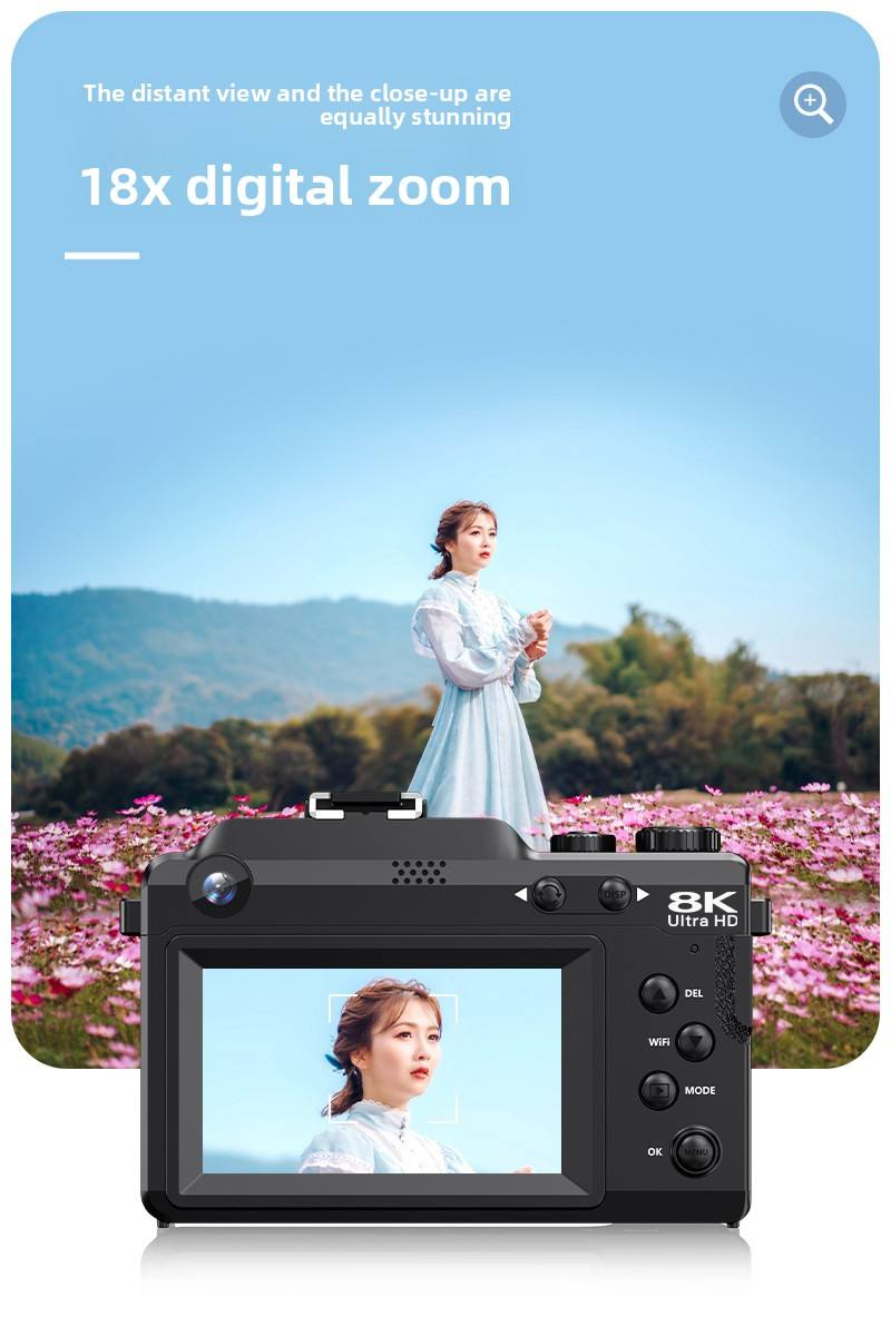 New 8K Student Beauty Camera with Dual Lens Wifi Transfer 8 Filter Modes 18X Zoom Anti Shake and 8 Filter Modes for Daily Vlog