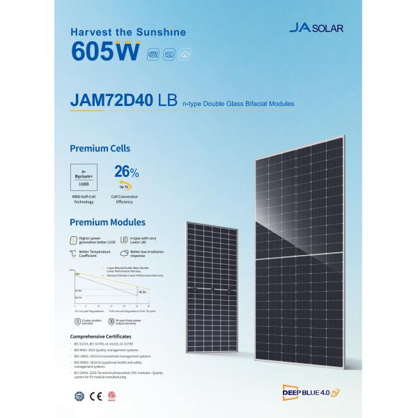N-type Bifacial Double Glass Solar Panel JAsolar 580 585 590 595 600 605W 144 Cells